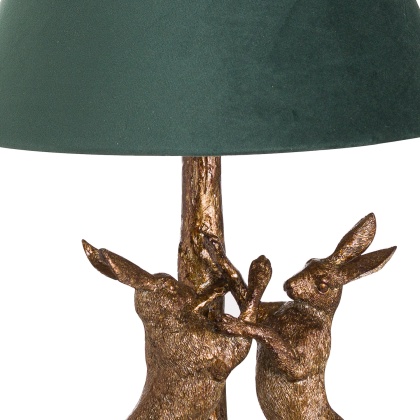 Hill Interiors Antique Gold Marching Hares Lamp With Green Velvet Shade