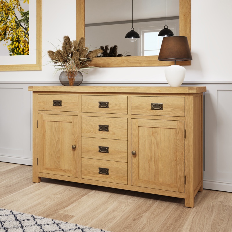 Brenthams Simplicity Woodfield Oak 2 Door 6 Drawer Sideboard