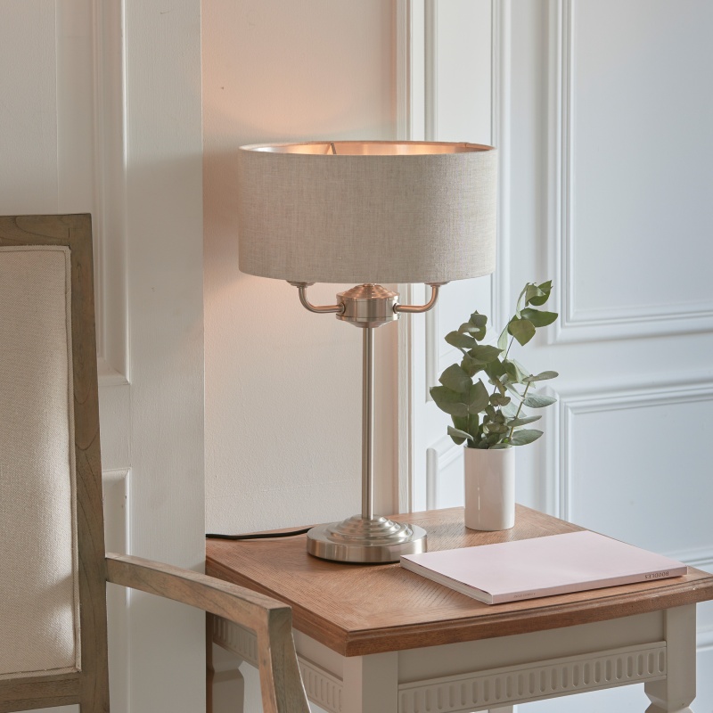 Gallery Highclere 3 Table Lamp - Light Chrome & Natural Linen