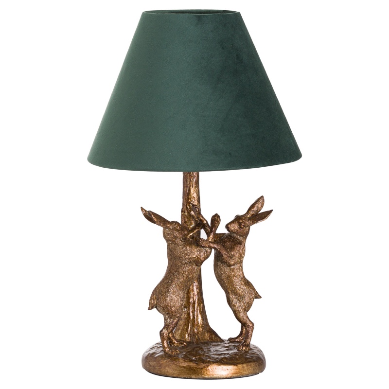 Hill Interiors Hill Interiors Antique Gold Marching Hares Lamp With Green Velvet Shade